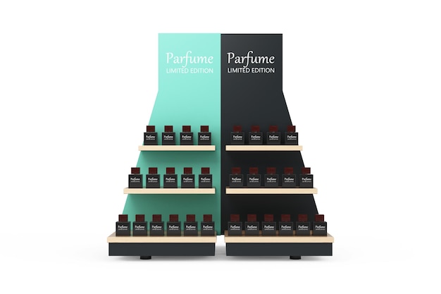 Parfume Bottles on a Wooden Store Product Display Showcase Rack Shelves on a white background 3d Rendering