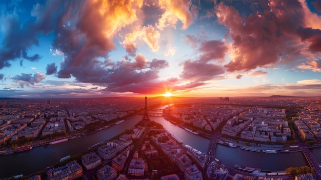 Paris aerial panorama with river Seine and Eiffel tower France Romantic summer holidays vacation destination Panoramic view above historical Parisian buildings and landmarks with sunset sky