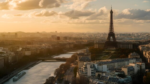 Photo paris aerial view seine eiffel tower and iconic landmarks silhouetted against a stunning sunset