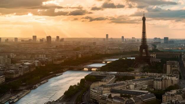 Photo paris aerial view seine eiffel tower and iconic landmarks silhouetted against a stunning sunset