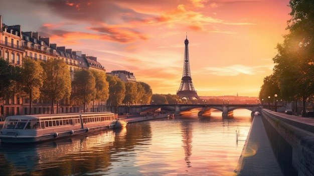 Paris Eiffel Tower and river Seine at sunset in Paris France Eiffel Tower is one of the most iconic landmarks of Paris Generative AI