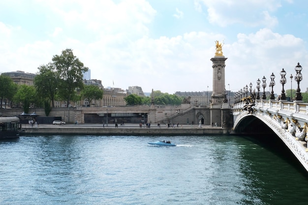 PARIS FRANCE APRIL 29 2017 View of Seine and famous Alexandre III Bridge