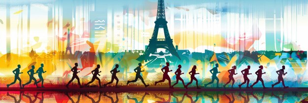 Paris Marathon Runners Silhouette with Eiffel Tower Background Silhouette of runners against