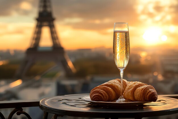 Parisian balcony with champagne and croissant Eiffel Tower glowing in sunset Romantic and elegant atmosphere