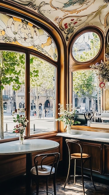 A Parisian Cafe Interior with Stained Glass Windows and a View of the City