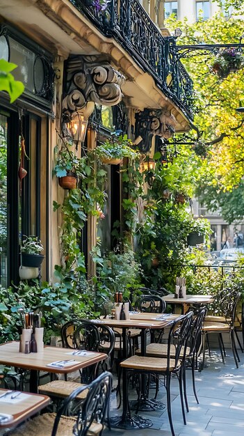 Parisian Cafe Patio with Wrought Iron Furniture and Greenery