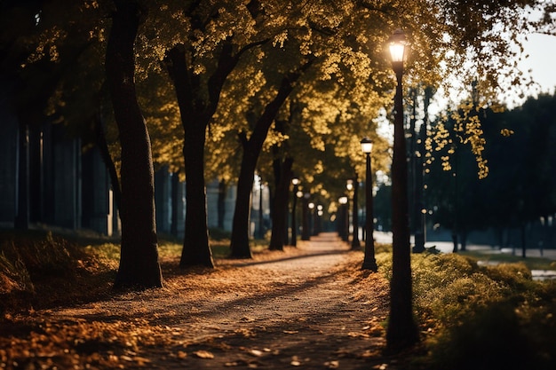 Park alley Alley of the city park Long shadows in the evening Sunlight at sunset Soft focus AI gener