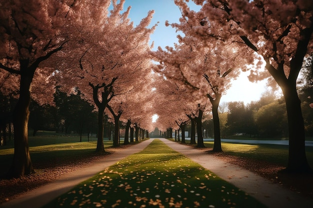 Park alley Alley of the city park Long shadows in the evening Sunlight at sunset Soft focus AI gener