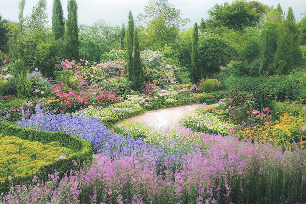 Park along the spring path through lovely garden landscape Floral background in spring landscape