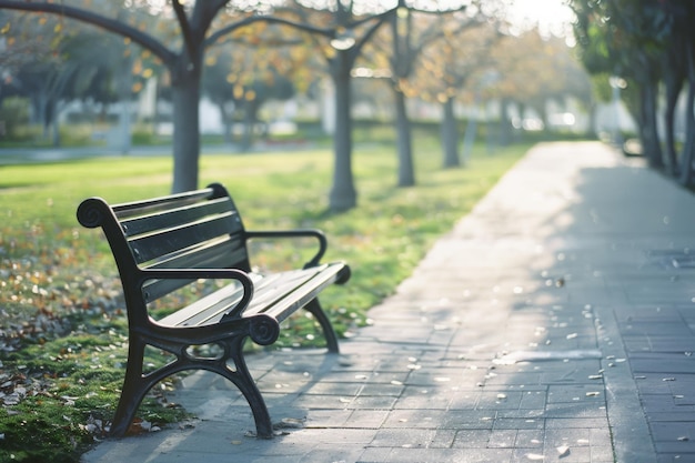 A park bench bathed in soft sunlight placed along a quiet treelined path covered with autumn leaves