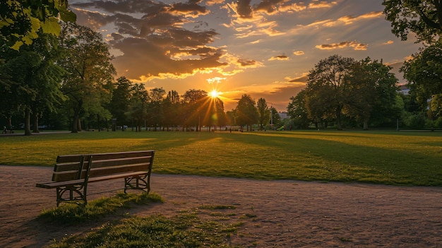 Photo a park bench is in front of a sunset