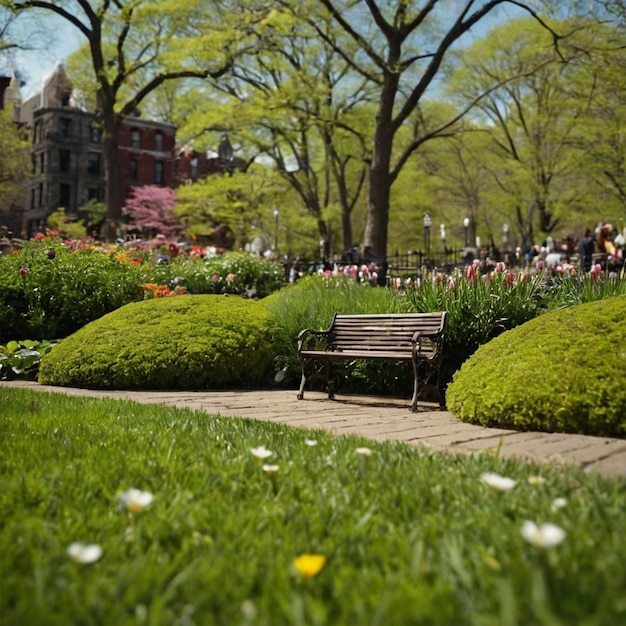 Photo a park bench is surrounded by a flower bed and a bench is in the middle of a park