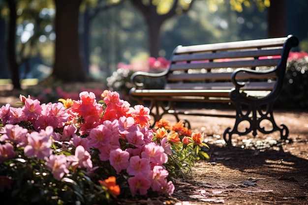 a park bench is surrounded by flowers high quality