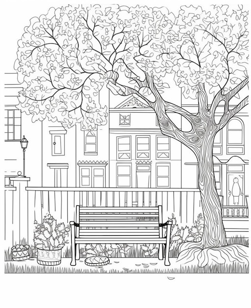 A park bench in a park with a tree and flowers.