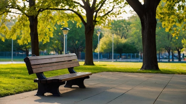 Park bench on a pathway lined with green trees in sunlight