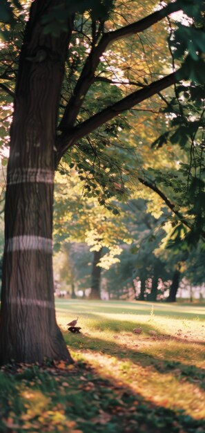 A park bench sits beneath a vibrant tree in the fall season