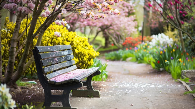 Photo park bench surrounded by blooming flowers and trees in pastel colors inviting a quiet spring day sitdown