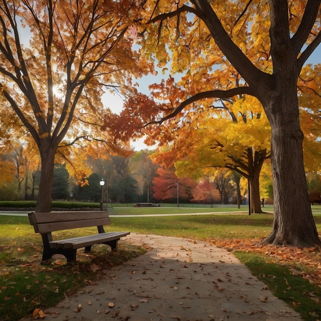 Photo park bench surrounded by fallen leaves creating a serene autumn scene