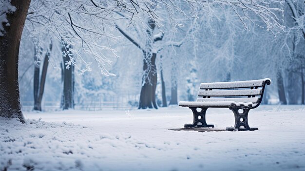 a park bench with snow on the ground and a tree in the background.