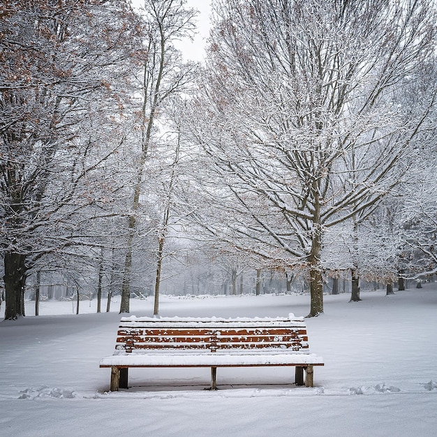 Photo a park bench with snow on the ground and trees in the background