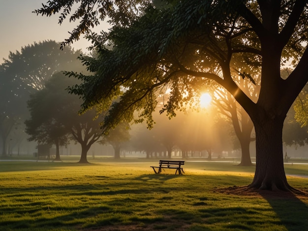 Photo a park bench with a sun shining through the trees