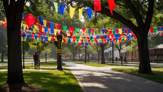 Park decorated with Juneteenth banners and colorful flags creating a festive atmosphere