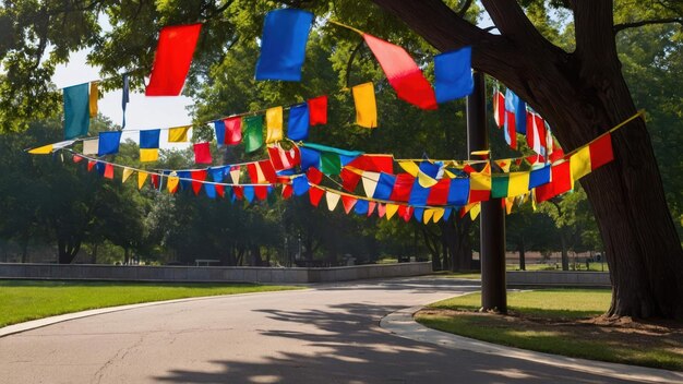 Park decorated with Juneteenth banners and colorful flags creating a festive atmosphere