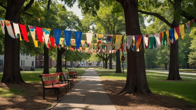 Park decorated with Juneteenth banners and colorful flags creating a festive atmosphere