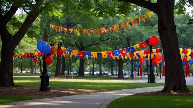 Park decorated with Juneteenth banners and colorful flags creating a festive atmosphere