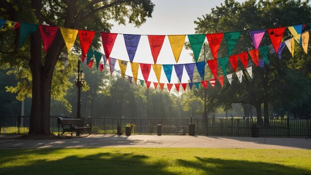 Park decorated with Juneteenth banners and colorful flags creating a festive atmosphere