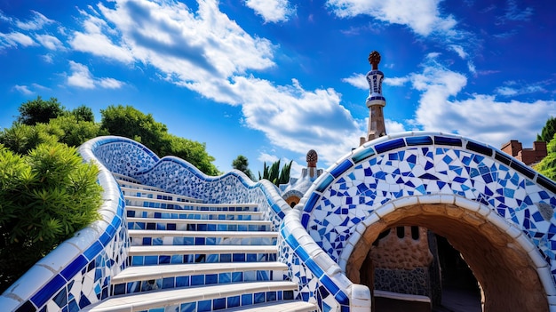 Park Guell in Barcelona Spain A Stunning Day in Catalonia with Summer Blue Sky and Gaudi's