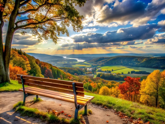 park view with greenery bench and blue sky