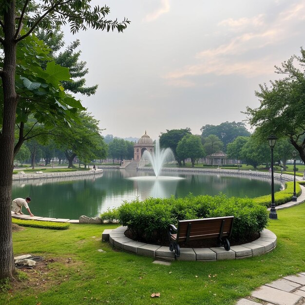 Photo a park with a bench and a fountain in the background