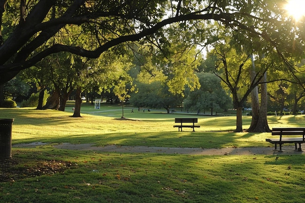 Photo a park with a bench and a tree with the sun shining through it