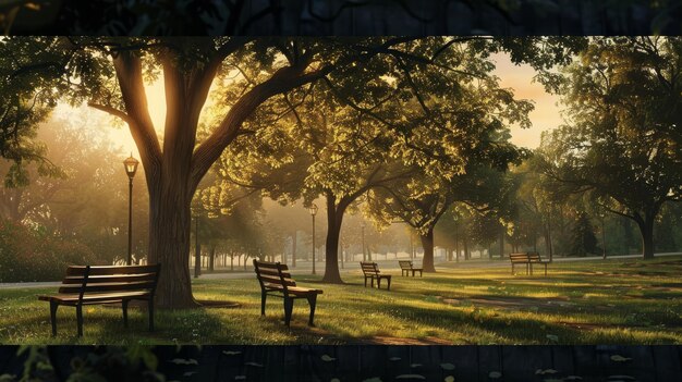 a park with a bench and trees in the background