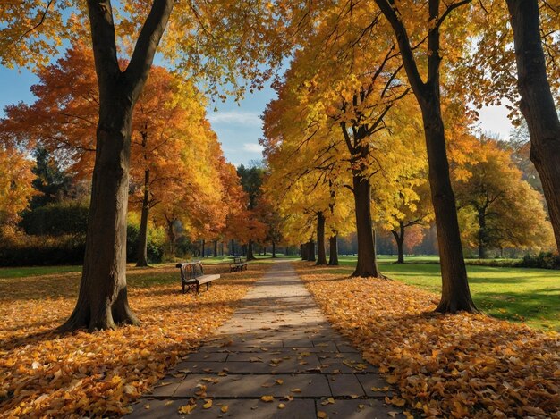 Photo a park with a bench and trees with the words quot fall quot on the ground