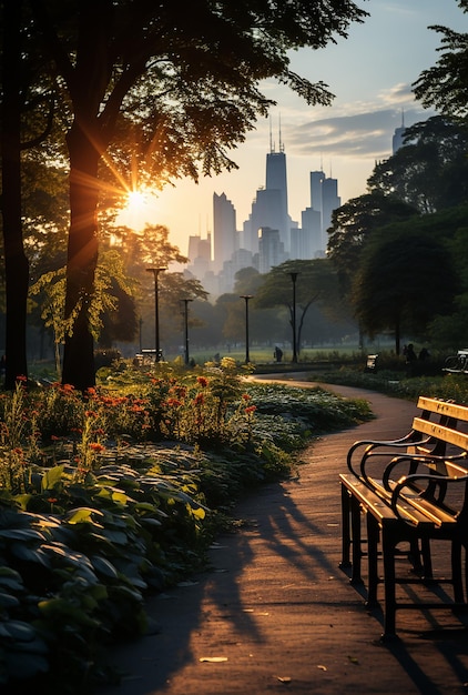 a park with benches and a city in the background