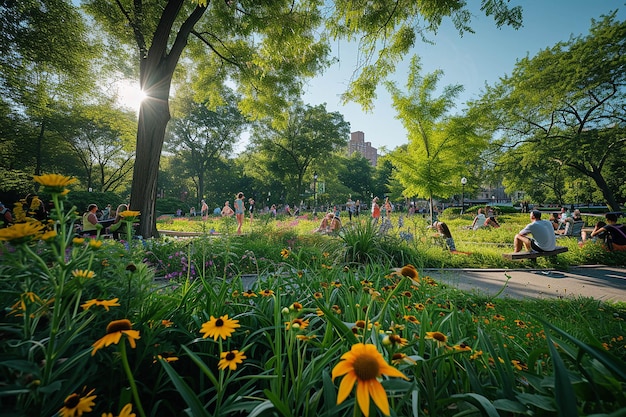 Photo a park with a bunch of flowers and people in the background