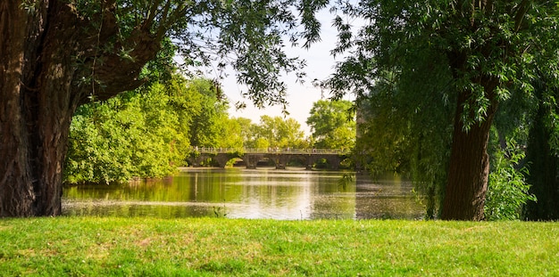 Park with lake and stone bridge, old European town. for tourists