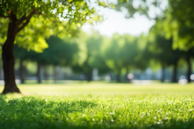 A park with a large tree in the foreground and a grassy field in the background