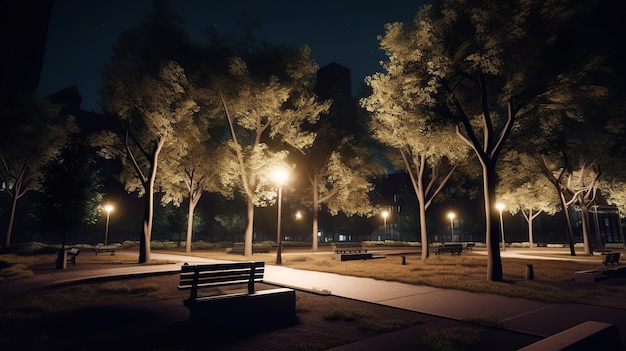 A park with lights on and a bench in the dark