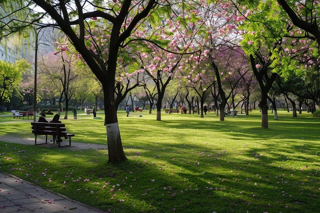 Photo a park with a park bench and a tree with pink flowers