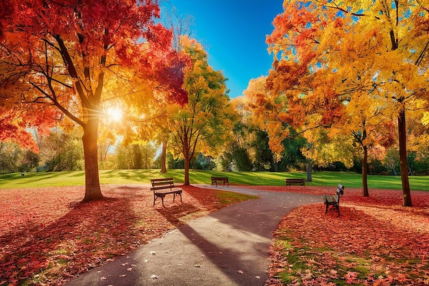 a park with a park and a park with benches and trees with the sun shining through