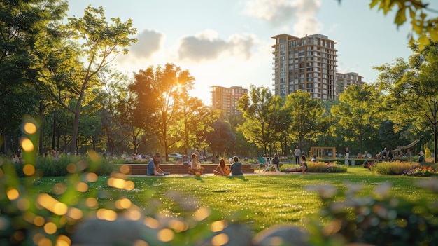 Photo a park with people sitting on the grass and a sunset in the background