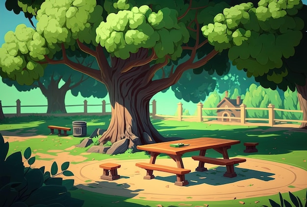 Park with a single enormous lovely tree near to wooden chairs and tables