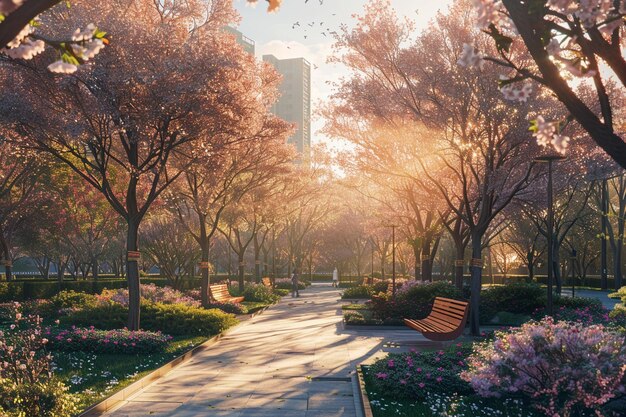 Photo a park with a tree with pink flowers and a walkway