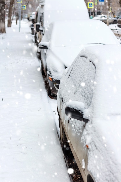 The parked cars in snow. Winter urban scene