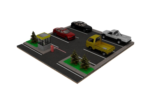 Parking isometric view with entry control and vehicles, 3d rendering