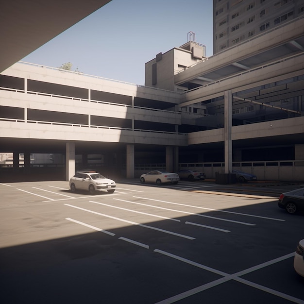 A parking lot with a lot of cars and a building with a large skylight.