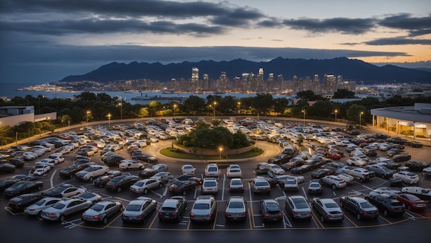 parking lot with many cars parked in rows In the background is a body of water and a city skyline